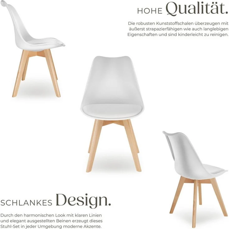 tectake Esszimmerstuhl Küchenstuhl Scandi-Design, gepolsterte Sitzfläche, 49 x 53 x 82 cm (Polsterstuhl Frederikke in weiß, 2 St), ergonomische Form, massive Holzbeine, bodenschonende Filzgleiter – Bild 3
