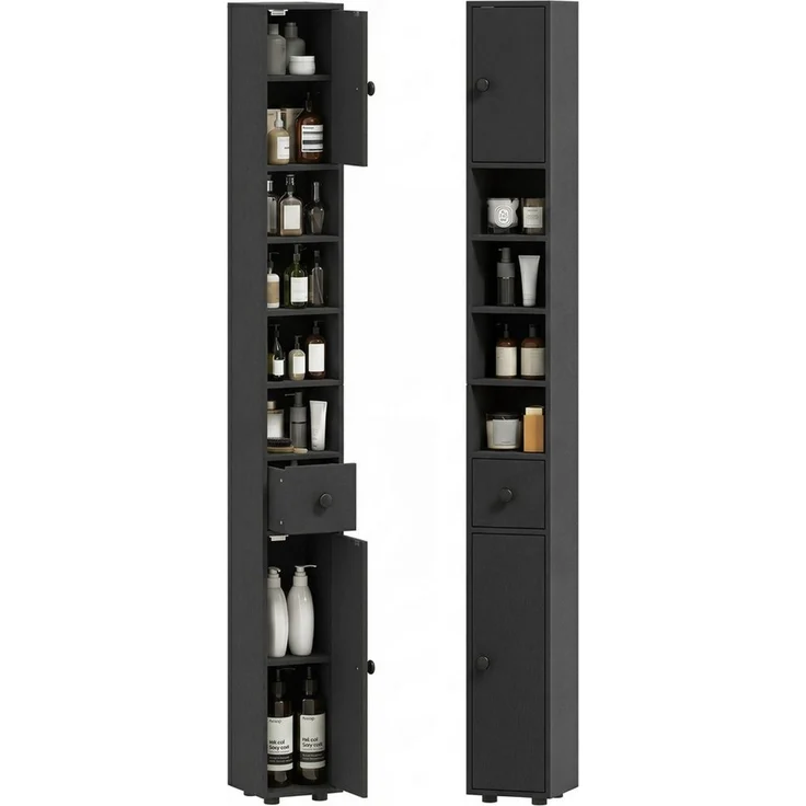 Kleankin Badkommode Hochschrank Toilettenschrank (schmaler Badezimmer-Aufbewahrungsschrank, 1 St, mit Schublade, verstellbaren Regalen), 20 x 20 x 180 cm, Schwarz – Bild 2