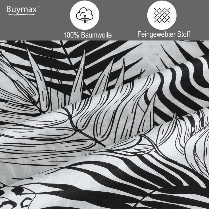 Buymax Bettwäsche Bettwäsche Bettbezug-Set Exotic, Renforce: 100% Baumwolle, 3 teilig, 200x200 cm, Reißverschluss Weiß Schwarz Palmenblätter Monstera Blätter – Bild 3