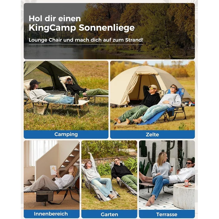 KingCamp Campingliege Sonnenliege Gartenliege klappbar 5-Stufig Verstellbarer Rückenlehne Liege Gartenstuhl Strandliege Camping Klappbett mit Kopfkissen für Garten Urlaub Outdoor Strand Pool – Bild 8