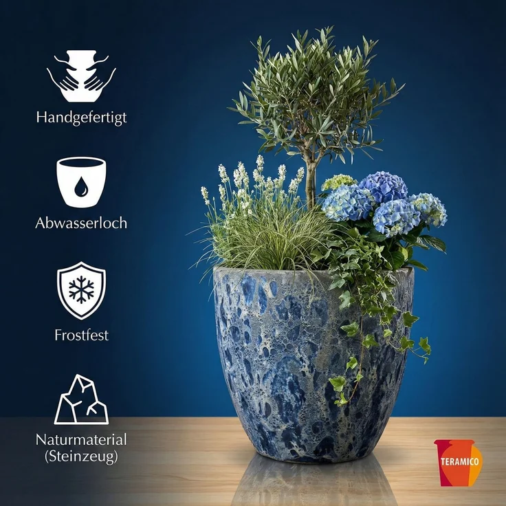 Keramik Blumentopf Eggpot Lava Blau Ø 29cm- Struktur Übertopf geschliffen Unikat – Bild 2