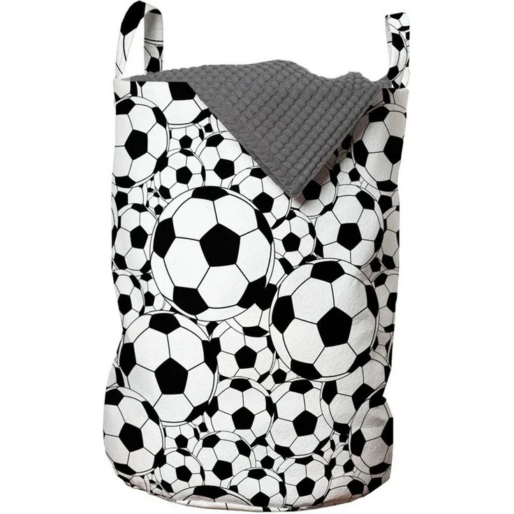 Abakuhaus Wäschesäckchen Wäschekorb mit Griffen Kordelzugverschluss für Waschsalons, Fußball Monochrome Balls Jungen – Bild 1