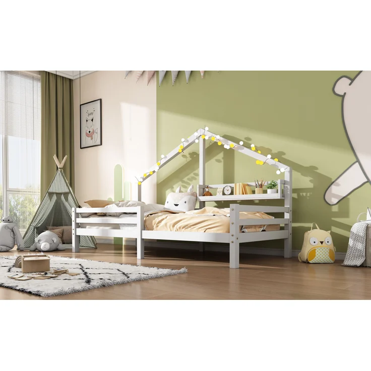 Bett 90x200 cm Hausbett aus Kiefernholz mit Regal – skandinavischer Stil – Bild 6