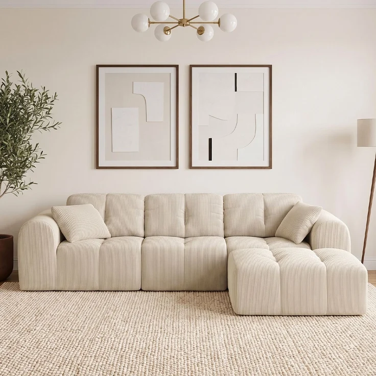 skølm 'Vanaheim' Sofa 3 Sitzer mit Hocker & 2 Kissen, Cloud Sofa Cord beige, Vollschaumcouch mit Federkern und Vakuum-Kompression, kein Aufbau erforderlich – Bild 1
