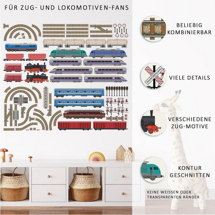 Sunnywall Wandtattoo XXL Eisenbahn Zug Lokomotive Wandtattoo Set Kinderzimmer Wanddeko – Bild 2