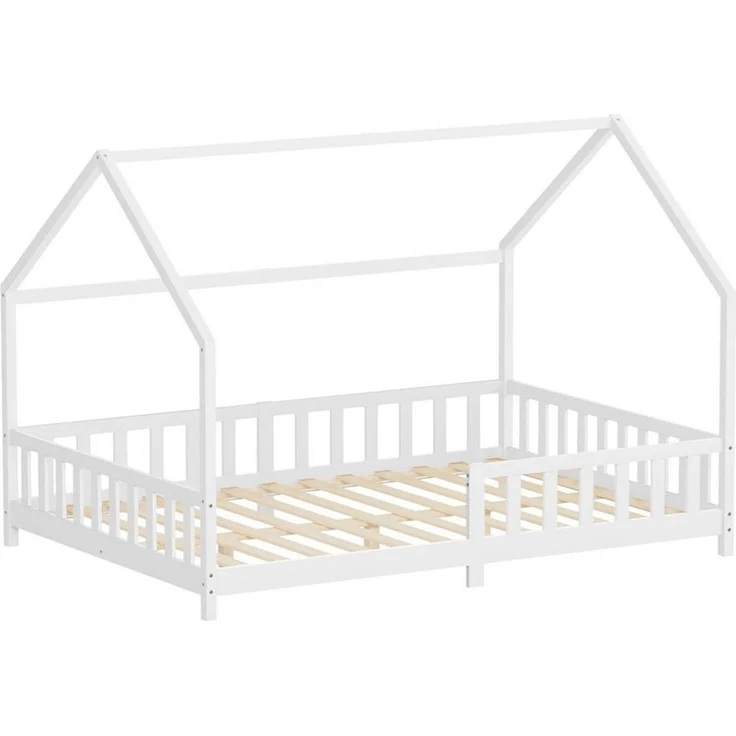 ML-DESIGN Spielbett Hausbett Kinderbett inkl. Lattenrost kreativ Bodenbett für Kinder, Abenteuerbett zum Spielen mit Rausfallschutz Kiefer Weiß Himmelbett – Bild 1