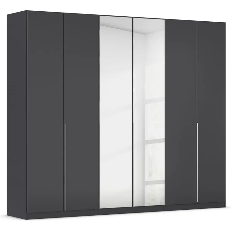 Rauch Möbel Alabama, Kleiderschrank für Schlafzimmer, Kinderzimmer, Wohnzimmer, Garderobe, Flur, 6-türig, Spiegel, mit Zubehör Classic, Farbe Grau metallic, Schwarz, Breite 271 cm