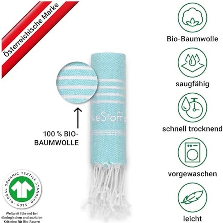 LeStoff Premium Hamamtuch 50 x 100 cm, 100% Bio-Baumwolle, schnelltrocknend, saugstaark, aquamarin – Bild 3
