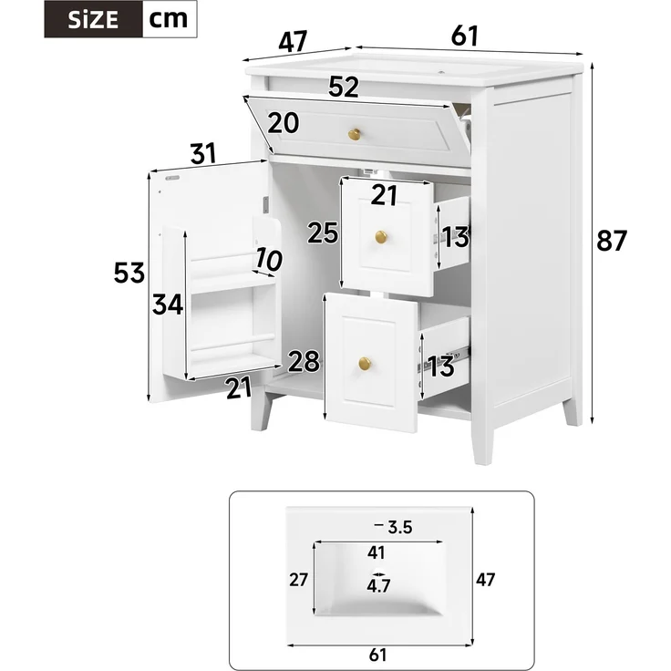 Freistehender Waschtischunterschrank B 61 x T 47 x H 87 cm aus MDF mit Keramikwaschbecken – Bild 3