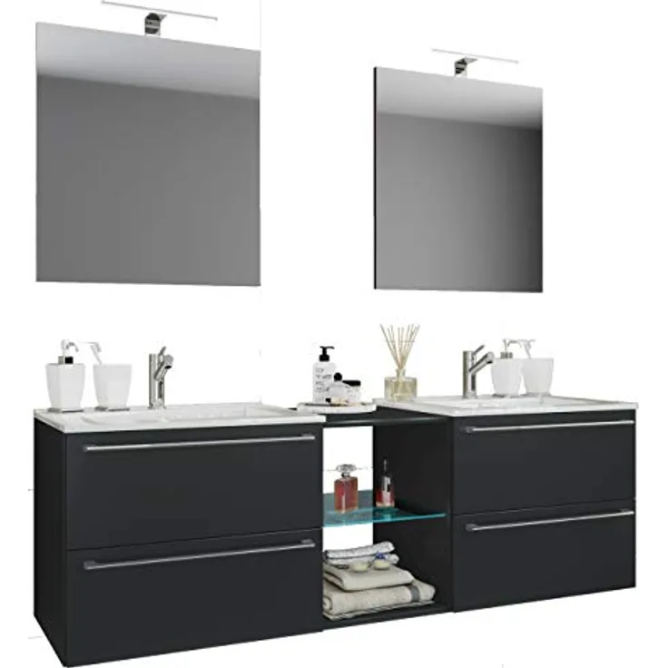 VCM Badmöbelset Badinos XXL, 3-teilig, Doppel Waschplatz mit 2 Keramikwaschbecken, 2 Spiegeln aus ESG-Sicherheitsglas, 4 Schubladen