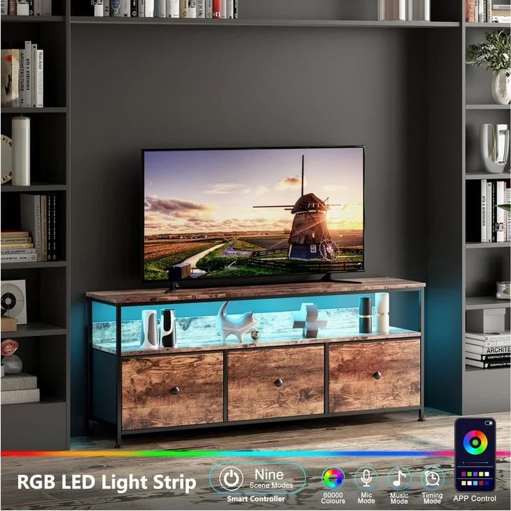 Simurq TV-Schrank Fernsehschrank mit LED-Beleuchtung (1-St, Mit Stoffschublade,Verstellbare LED) Metallrahmen, Robust,Montage einfach – Bild 3