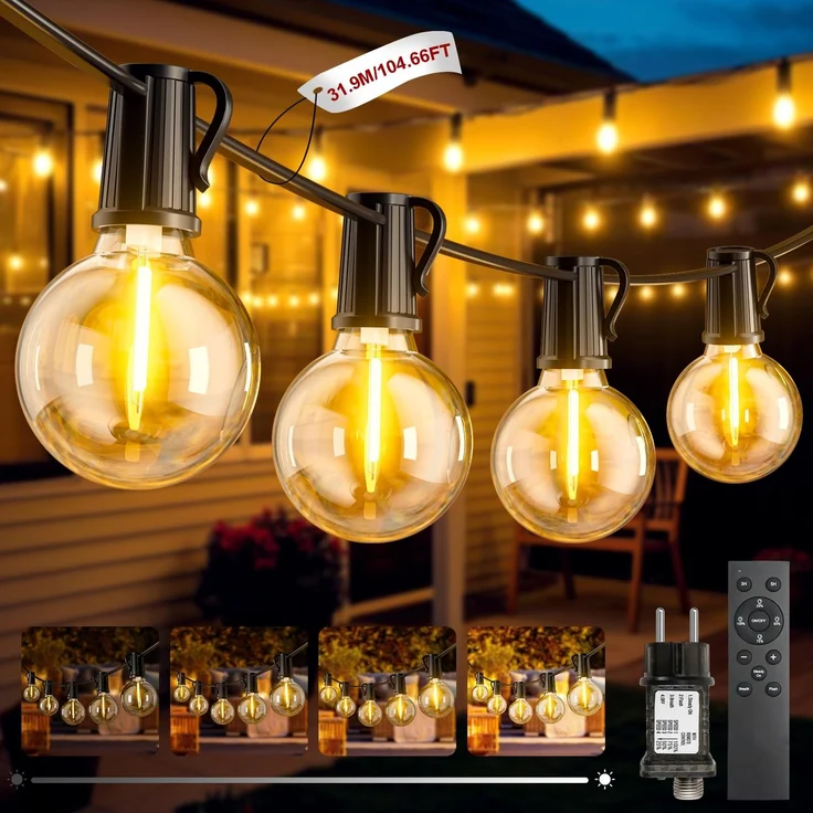 LED Lichterkette Außen, 31.9M/104.66FT Outdoor Lichterkette mit Timer, 45+2 G40 Lichterketten Glühbirnen Dimmbar, IP44 Wasserdicht Garten Beleuchtung Balkon Lichterketten für Außen Innen Dekoration