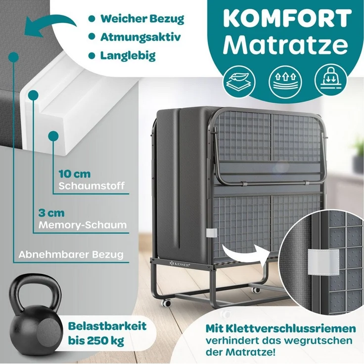KESSER® Klappbett 200x90cm Gästebett inkl. Matratze aus Memory-Schaum & Rollen | faltbares Reisebett mit Metallrahmen für Erwachsene belastbar bis 250kg | Metallbett mit Schaumstoffmatratze & Cover Anthrazit, Deluxe Plus – Bild 3