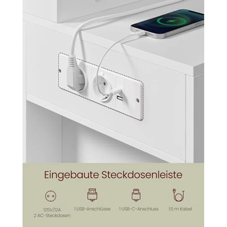 VASAGLE Schminktisch mit LED-Beleuchtung, mit Spiegel, Steckdosenleiste, mit Schubladen, modern, wolkenweiß, 40 x 125 x 140 cm – Bild 8