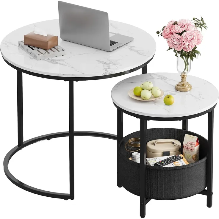 WLIVE Couchtisch 2er Set, Beistelltisch Rund mit Stauraum, Wohnzimmertisch Holz mit Metallrahmen, Sofatisch für Wohnzimmer Schlafzimmer, (Marmor Weiß, 60 cm und 40 cm Durchmesser)