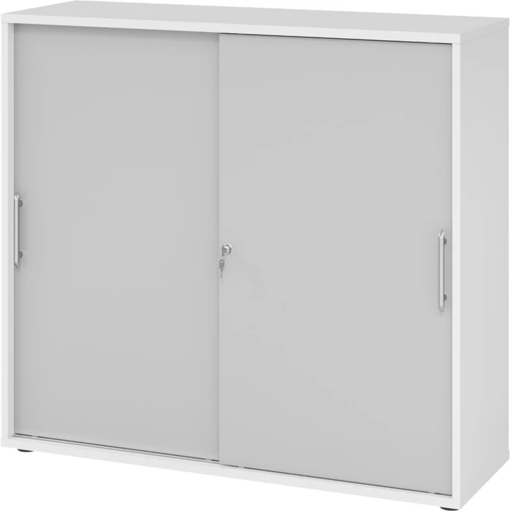 bümö Schiebetürenschrank 3OH - Aktenschrank abschließbar, Sideboard Schrank mit Schiebetüren in Weiß/Grau, Relinggriff - Büroschrank aus Holz mit Schiebetür, Büro Kommode für Ordner & Co, 1753S-W-5-RE – Bild 1