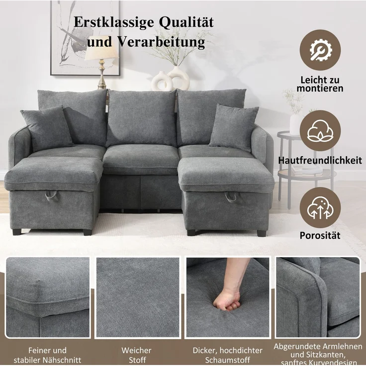 DESVIAE Sofa mit Schlaffunktion, Stauraum und 2 Hockern, Chenille, Dunkelgrau, 188 x 186 x 86 cm – Bild 5