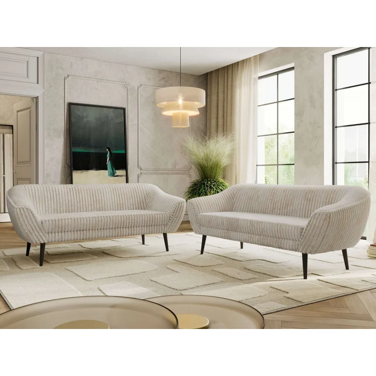 Wohnzimmerset Möbelset PIRS 3-3, Armlehnen, Wellenfederung, schwarze Füße, Dreisitzer Sofa, Polstermöbel Set - Hellgrau Velvet – Bild 1