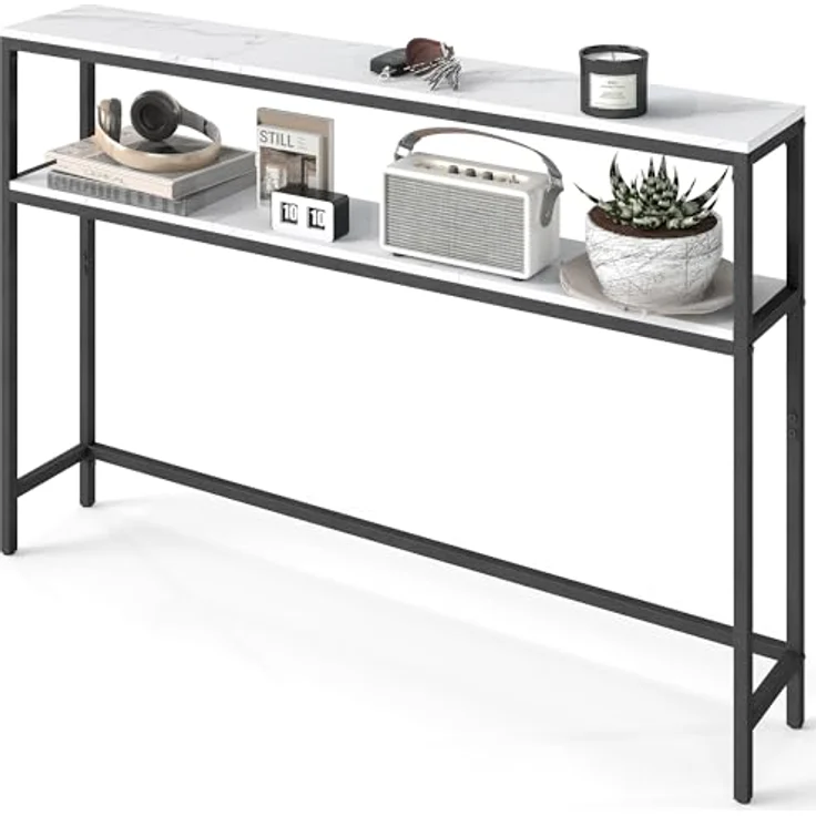 VASAGLE Konsolentisch, schmaler Sofatisch mit 2 Ablagen, 20 x 120 x 80 cm, Flurtisch, 2 Ebenen, für Flur, Wohnzimmer, Schlafzimmer, marmorweiß-tintenschwarz LNT133W59 – Bild 2