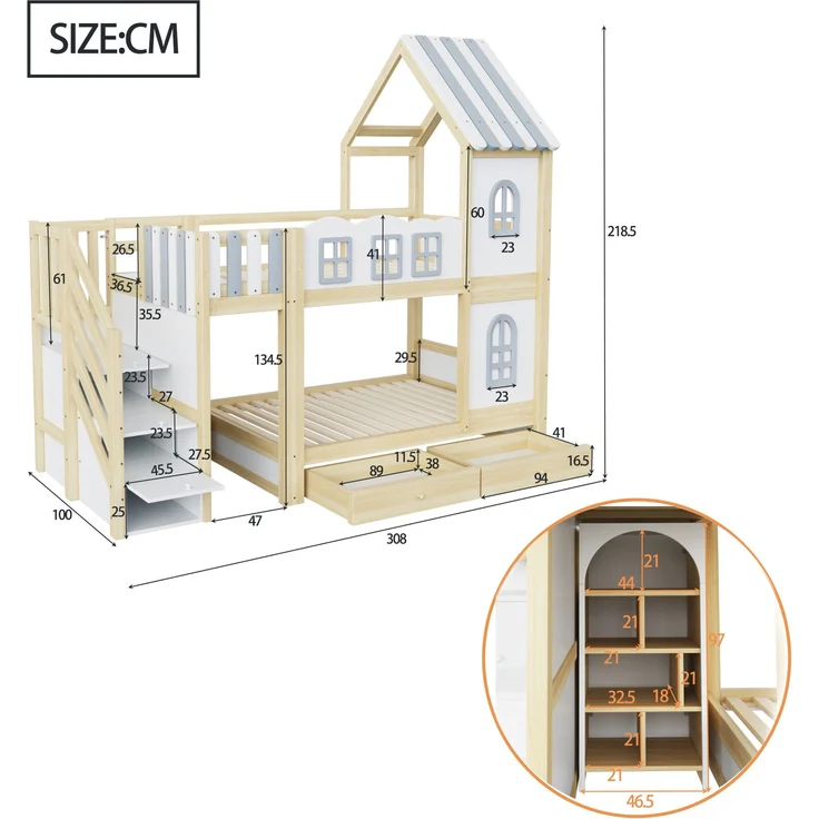 Merax Etagenbett 90 x 200 cm, Kinderbett, Jugendbett, Mit Bettgitter in Wolkenform, Dachkonstruktion Mit Fenstern, Stauraumleiter, Regalen und Schubladen, Kinderbett aus Holz, Weiß – Bild 4