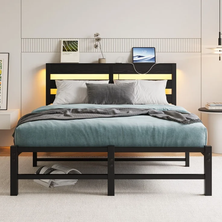 Homerecommend Schwebebettrahmen Metallbett 140x190 cm, ohne Kopfteil, für Schlafzimmer & Jugendzimmer, mit RGB LED-Beleuchtung & USB-Ladestation, versteckte Stützfüße für visuellen Schwebe-Effekt, Vintage Schwarz – Bild 2