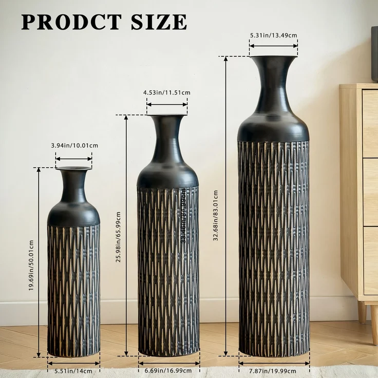 LVHOM 3er Set Bodenvase, Große Vasen aus Metall mit Rillenmuster, Dekovase für Trockenblumen, Höhen 50/66/83 cm, Vasen Set für Wohnzimmer, Flur und Büro, Schwarz – Bild 6