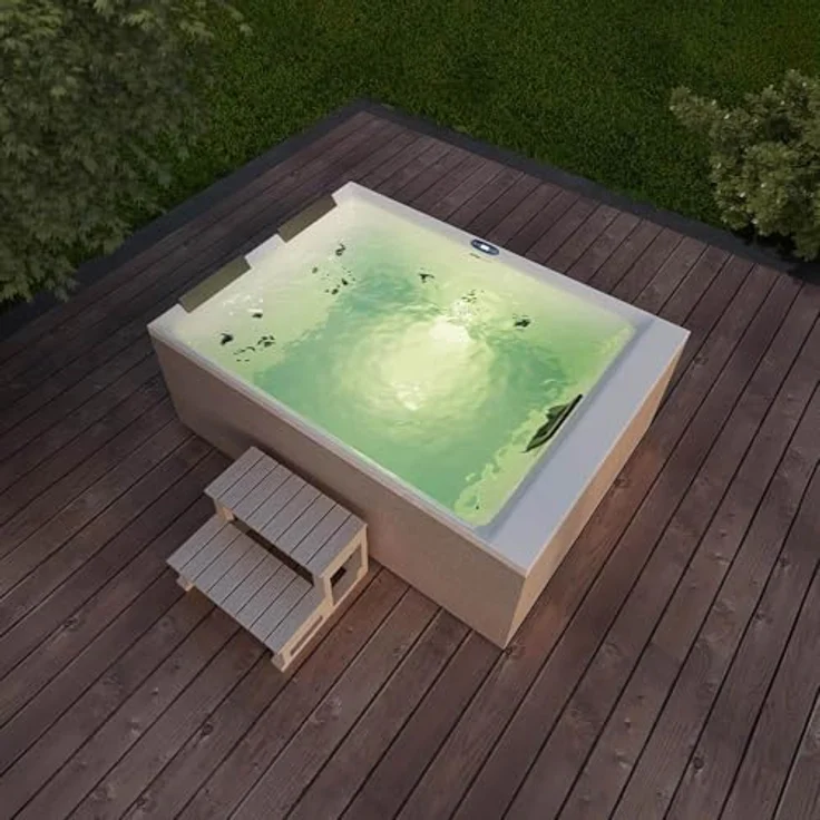 Home Deluxe Outdoor Whirlpool NIMBUS, für 2 Personen, mit 18 Massagedüsen, Thermoabdeckung und Treppe, Maße: 190 x 140 x 70 cm, Farbe: Weiß – Bild 8