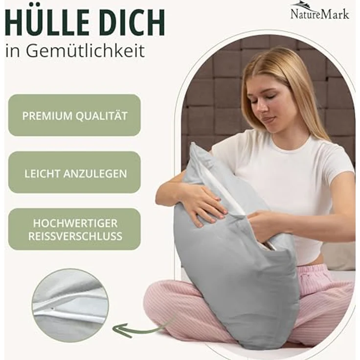 NatureMark 2er Pack Jersey Kissenbezug Kissenhülle Kissenbezüge Seitenschläferkissen Nackenkissen viele Größen und Farben ÖKO-TEX (40x60 cm (Nackenkissen geeignet), Silber grau) – Bild 6