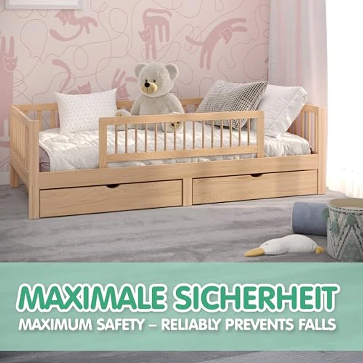 CADANI Kinder Bettgitter Baby Bettschutzgitter klappbarer Rausfallschutz aus Massivholz für Elternbett und Kinderbett Natur 115x40 cm – Bild 3