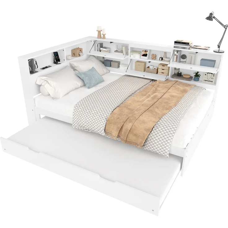EINHOM Daybett, Schlafsofa, 140 x 200 cm, Kopfteil mit Staufach, Ausziehbares Bett, Weiß, (Ohne Matratze) – Bild 3
