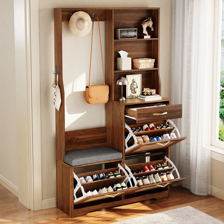 Garderobenschrank Flurgarderobe mit Sitzbank Schuhschrank Rattan Front Kleiderhaken Schubladen Stauraumschrank Eingangsbereich--Nussbaum--100x30x170cm--YOUDENOVA – Bild 6