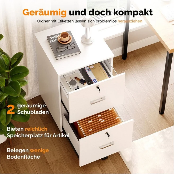 VINGLI Aktenschrank Holz, mobiler Aktenschrank, Rollcontainer abschließbar, 2/3 Schubladen verstellbare Hängestangen für A4/Letter-Format, weiß/schwarz – Bild 4