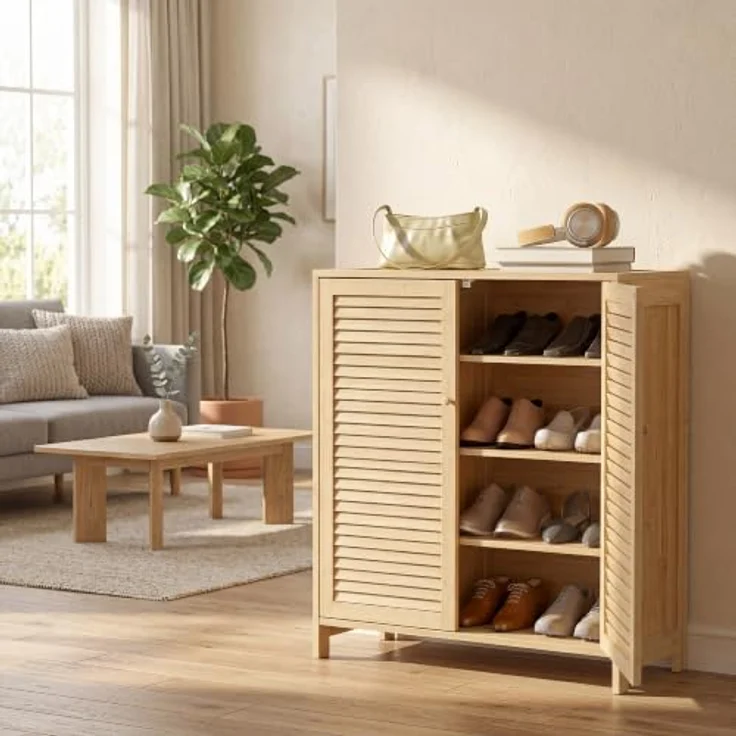 HOMCOM Schuhschrank Bambus, für ca. 14 Paar Schuhe, 3 verstellbare Einlegeböden, Lamellentüren, Natur – Bild 9