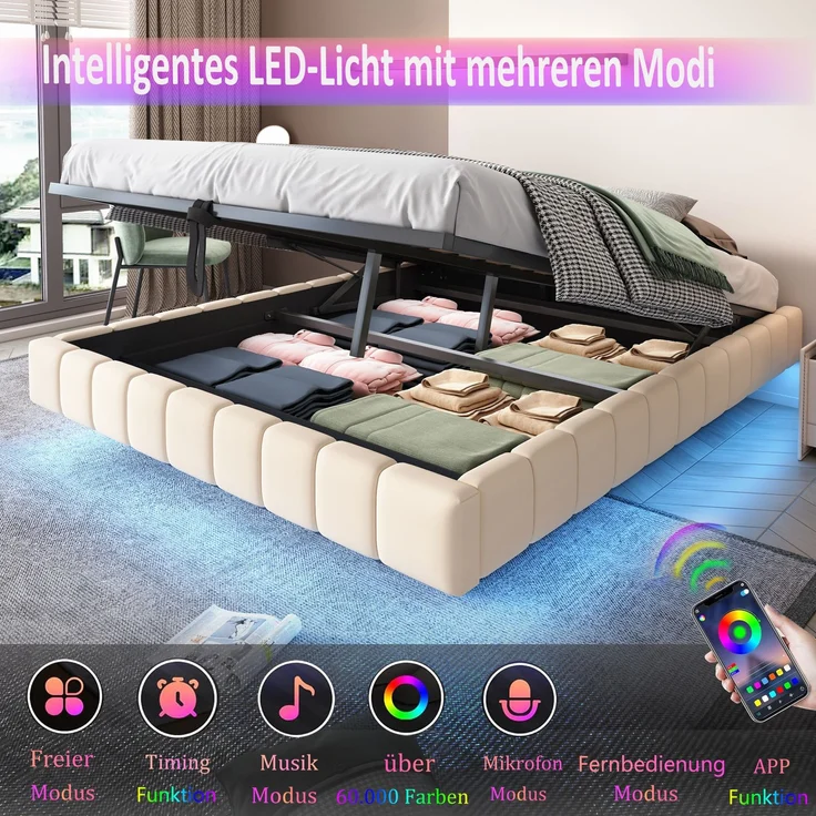 Polsterbett 180x200 cm, Hydraulischer Schwebebettrahmen mit Stauraum, Multifunktionales Polsterbett ohne Kopfteil mit LED-Licht, Leinen Beige – Bild 4