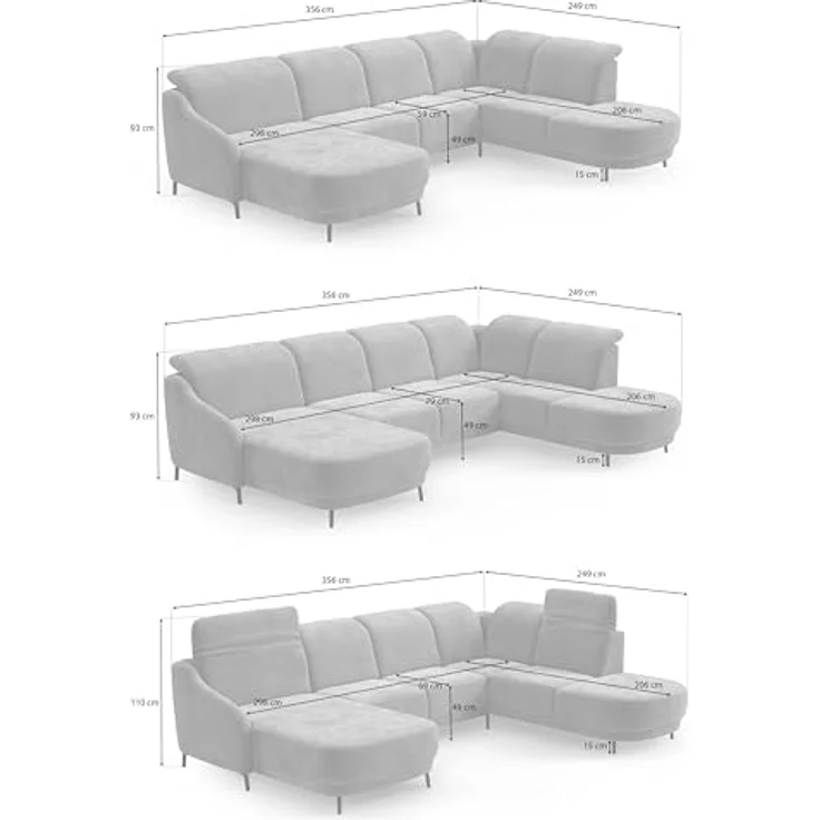 CAVADORE Wohnlandschaft Blue, Sofalandschaft mit Longchair im modernen Design, inkl. kopfteilverstellung, Vorziehsitz motorisch, Klapptisch, USB-Anschluss, mattschwarzen Metallfüßen, Hellgrau – Bild 3
