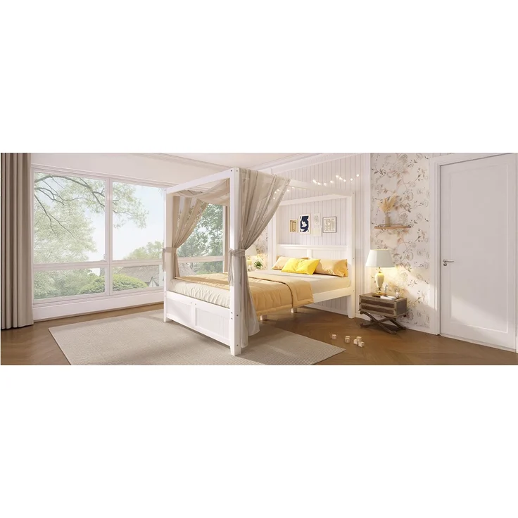 ZUBALIYA 140x200cm Himmelbett aus Holz mit dekorativem Dachrahmen und vertikalen Lamellen am Kopf- und Fußteil, Weiß – Bild 10