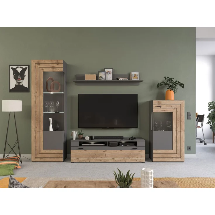 Xonox 'Freno' Wohnwandkombination, 4-teilig, Holzwerkstoff grau / nox eiche, 290 x 40 x 194 cm – Bild 9