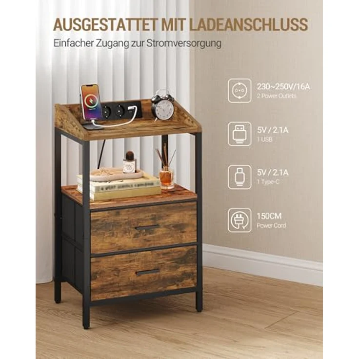 Nachttisch mit LED-Leuchten und ladefunktion, Beistelltisch mit 2 Stoff-Schubladen mit USB-Anschlüssen & Steckdosen, für Schlafzimmer, Wohnzimmer, Vintage Braun-Schwarz – Bild 4