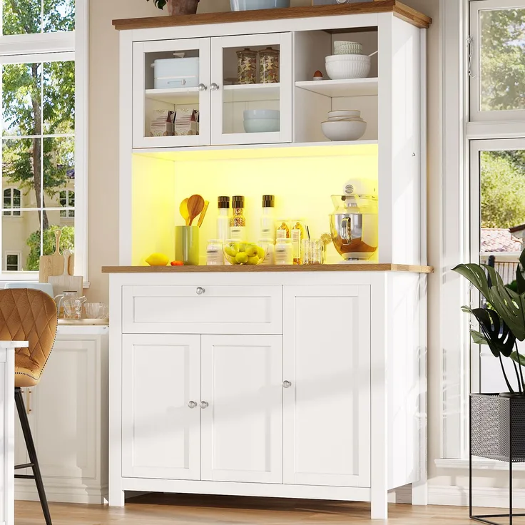Küchenschrank(104×40×180cm), Hochschrank Küchenbuffet, Vitrinenschrank, Buffetschrank mit Verstellbaren Ablagen, Sideboard mit LED-Beleuchtung,Variable Lichtfarben,weiß--Weiß--104x40x180cm--YOUDENOVA