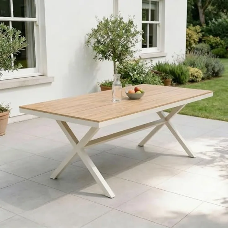 IDIMEX Gartentisch ISOLA, 180x100 cm mit Alu Gestell & Tischplatte in Holzoptik weiß/natur