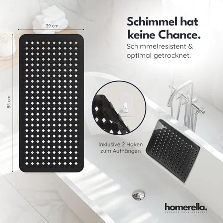Homerella Badematte rutschfest Hautsensitiv 88x39cm, INKL. AUFHÄNGUNG, Antirutschmatte Badewanne BPA frei, Duschmatte schimmelresistent & maschinenwaschbar – Bild 4