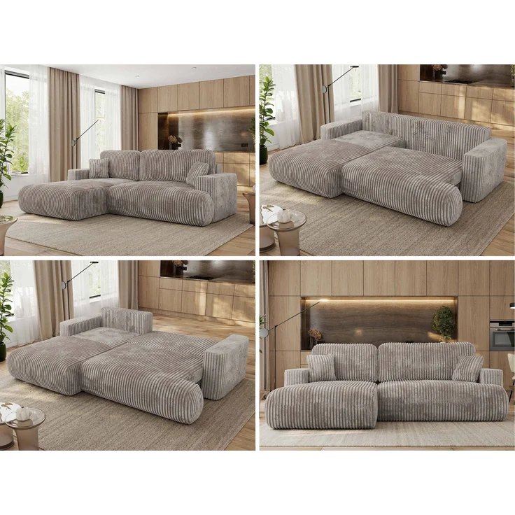 Ecksofa OVO mit schlaffunktion und bettkasten, Wellenfeder, lose Kissen, L-form 271x195 cm - Hellbraun Cord - linke Seite – Bild 2