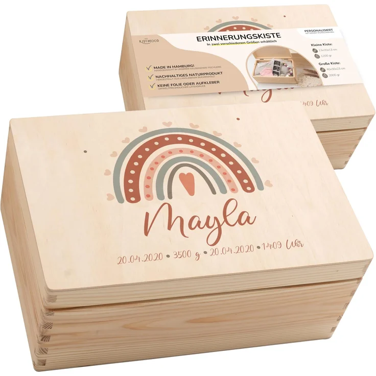 KIDSMOOD - Erinnerungsbox Baby, personalisierte Holzkiste mit Deckel, Ideal zur Aufbewahrung von Erinnerungen und als Geschenk zur Geburt, Taufe oder als Geburtstagsgeschenk für Mädchen und Jungen