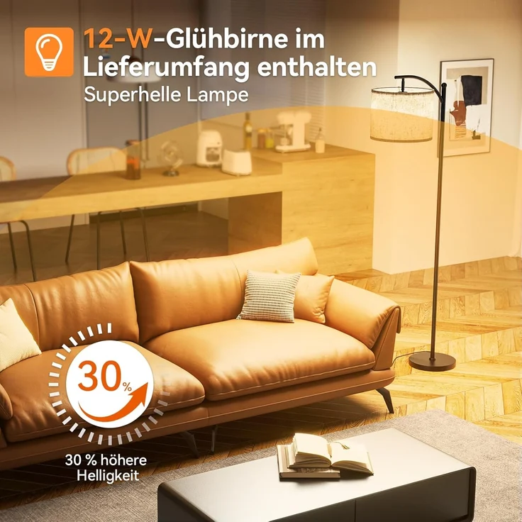 YICAIZI Stehlampe Wohnzimmer Dimmbar, Modern Standleuchte mit 3 Farbtemperaturen, Beigen Leinen-Lampenschirm, 12W Glühbirne inklusive, Fernbedienung und Fußschalter (Beige) – Bild 4