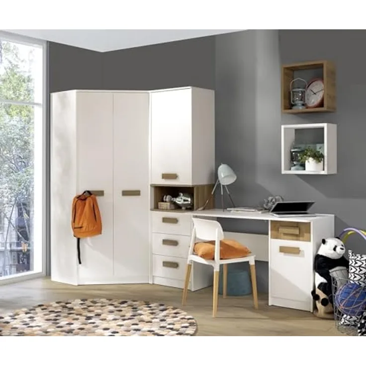 Marmex Möbel Grant Set-16 Jugendzimmer-Set 5-teilig mit Eckschrank, Schreibtisch, Standregal und Wandregale, Komplett Set für Kinderzimmer mit Schreibtisch und Eckschrank, laminierte Spanplatte, weiß+riviera Eiche, 268/91x 195x52,5 cm