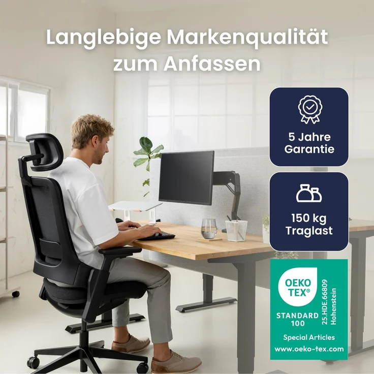 Ergotopia 'NextBack Pro' ergonomischer Bürostuhl mit integrierter Lordosenstütze, 3D Armlehnen & verstellbarer Kopfstütze, Schwarz – Bild 3