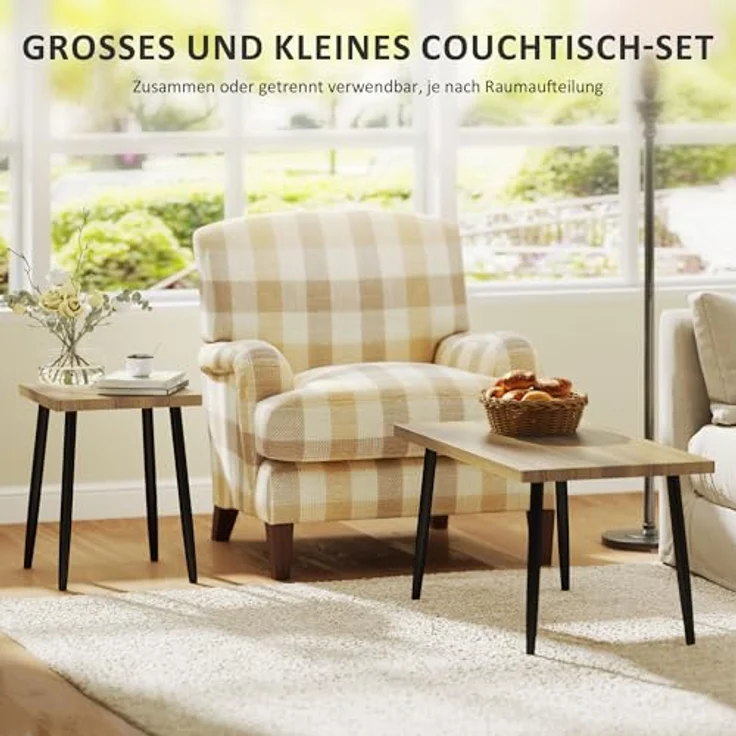 HOMCOM Couchtisch-Set, Naturholz, 2 Tische mit 3 cm dickem Holzplatten und schwarzen Metallbeinen, 90x45x50 cm und 40x40x50 cm – Bild 4