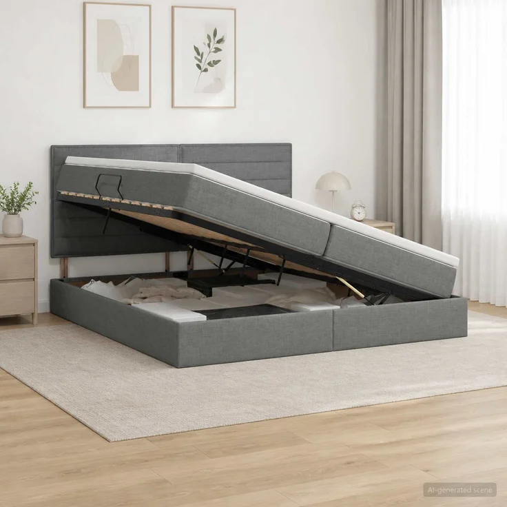 vidaXL Aufbewahrungsbett mit Matratze Dunkelgrau 200 x 200 cm Stoff 3459463 – Bild 1