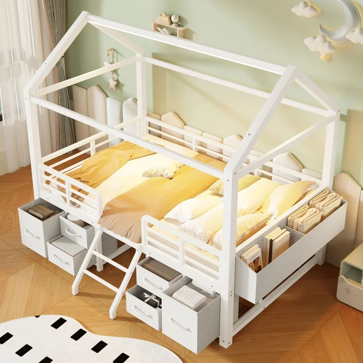 EINHOM Hochbett 90 x 200 cm mit Hausdach, LED-Beleuchtung Kinderbett aus Metall mit mehreren Stoffschubladen, Weiß (Ohne Matratze) – Bild 5