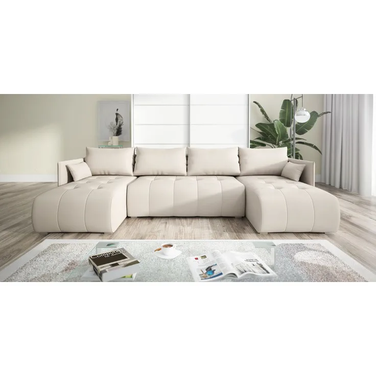 Wohnero24 NESSA U Ecksofa 292x152 cm mit Schlaffunktion 280x140 & Bettkasten – XXL Wohnlandschaft Creme